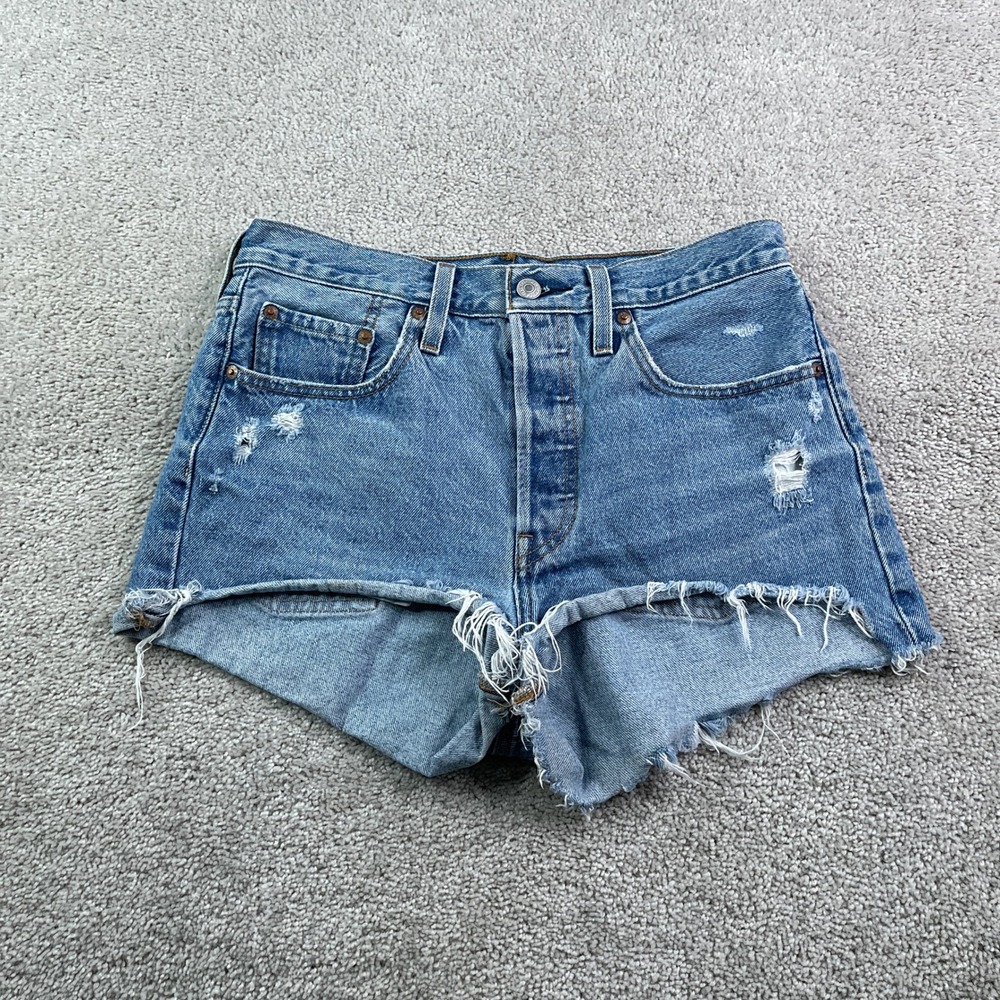 Levis 501 Shorts Womens 28 Blue Denim Cut Off Distressed High Rise Button Fly